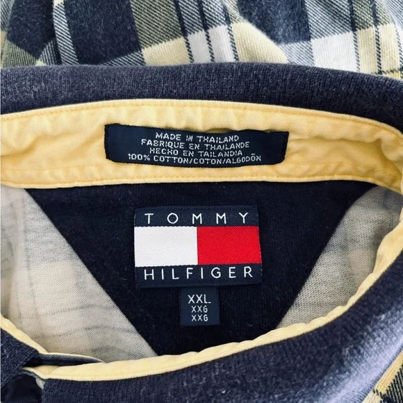90s VTG Tommy Hilfiger Polo Shirt Yellow Blue Plaid Cotton Men XXL Preppy Grunge - Picture 9 of 9